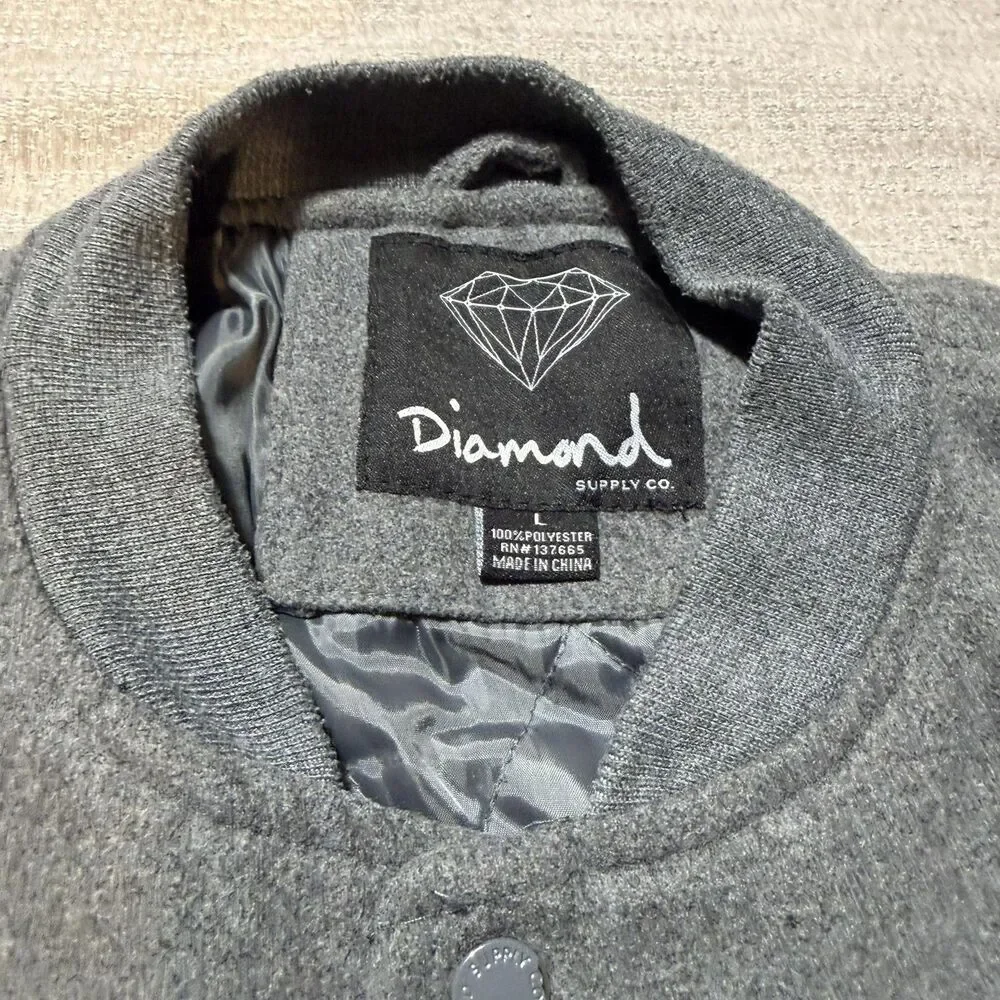 Diamond Supply Co. Jacket Mens Large Gray Fleece Varsity Snap Button Lined